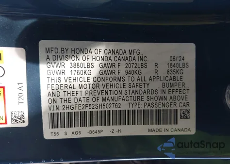 2025 Honda Civic Sport из США, поврежденный, VIN 2HGFE2F52SH502762